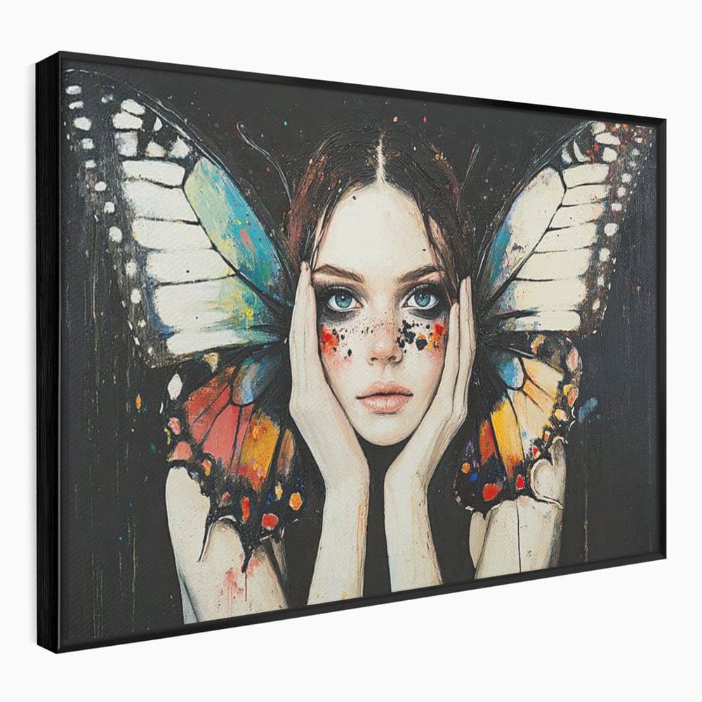 Tablou canvas cu tablou canvas cu femeie si aripi de fluture, in rama de aluminiu negru